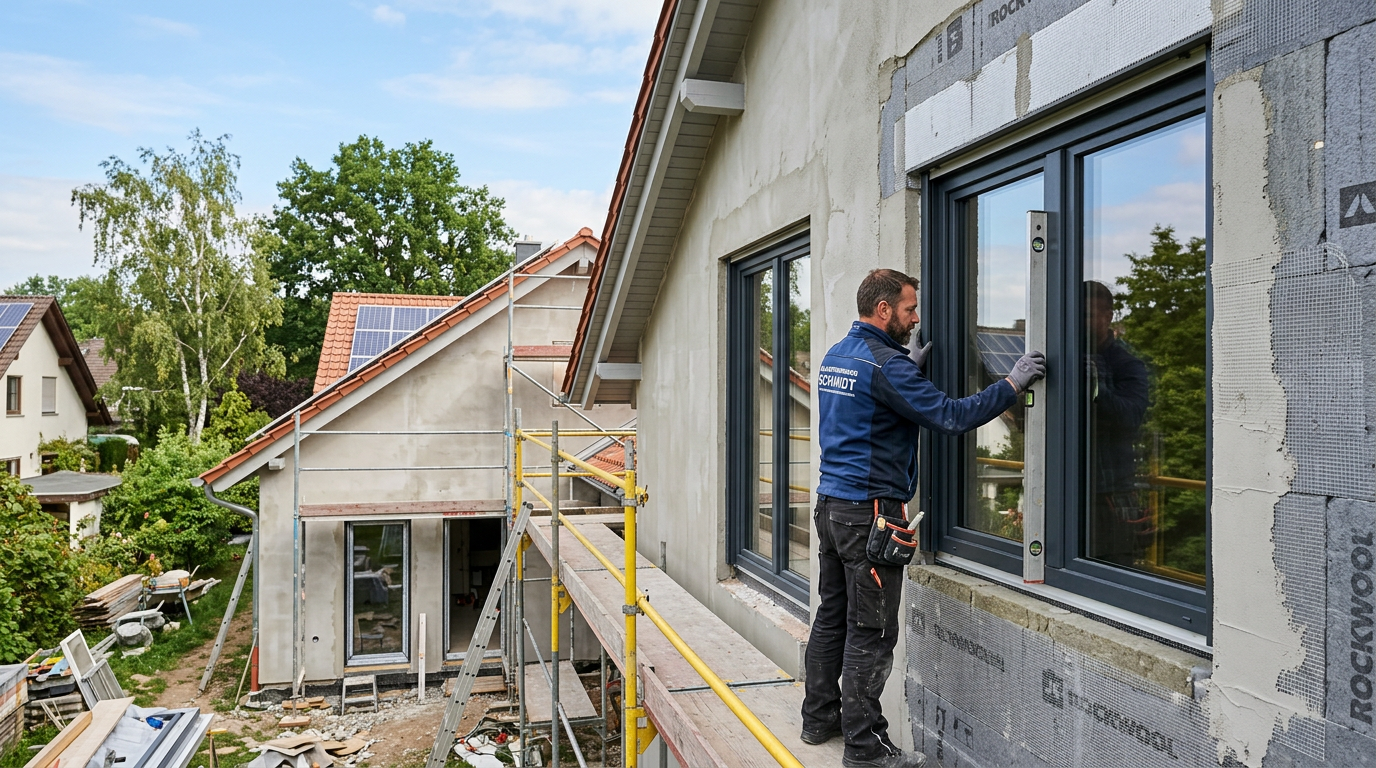 Energetische Sanierung eines Wohnhauses mit neuem Fenstertausch und moderner Außenwanddämmung zur Reduzierung des Energieverbrauchs.