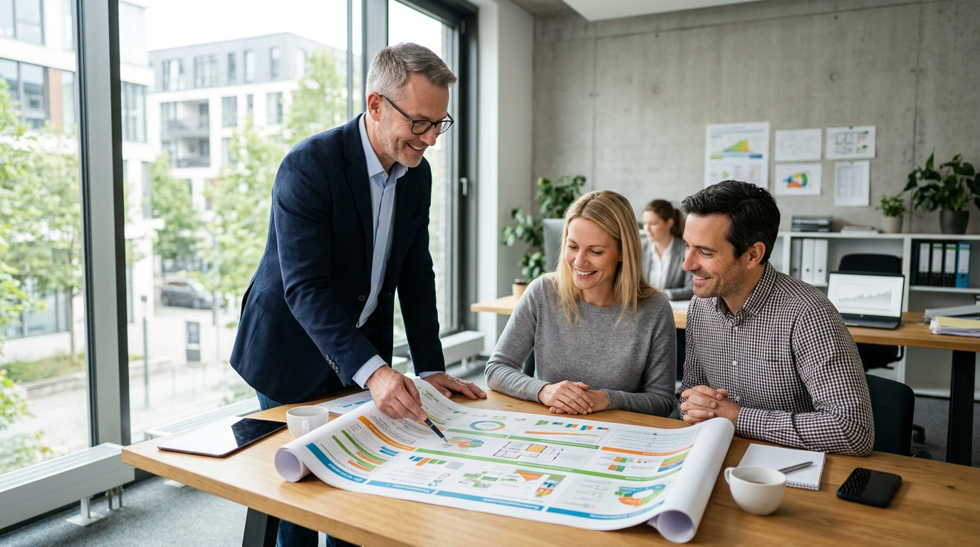 Ein lachendes Paar bespricht mit einem Energieberater einen Sanierungsplan für ein Wohnhaus in einem modernen Büro.