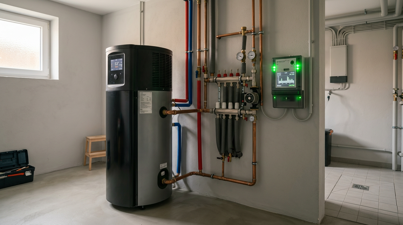 Eine moderne Brauchwasserwärmepumpe im Keller eines sanierten Einfamilienhauses, installiert neben einer Photovoltaik-Steuerung.
