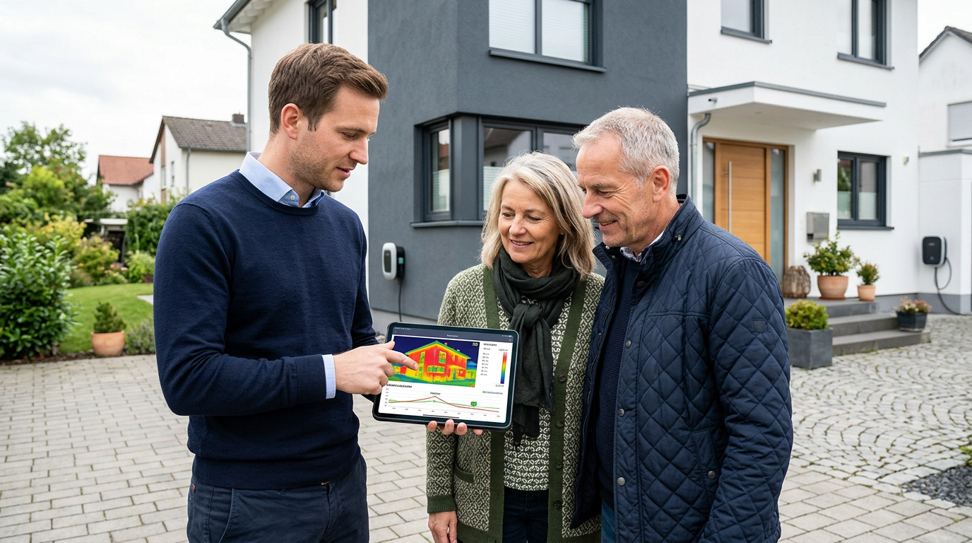 Ein Energieberater bespricht mit Hauseigentümern einen individuellen Sanierungsfahrplan (iSFP) vor einem modernisierten Einfamilienhaus.