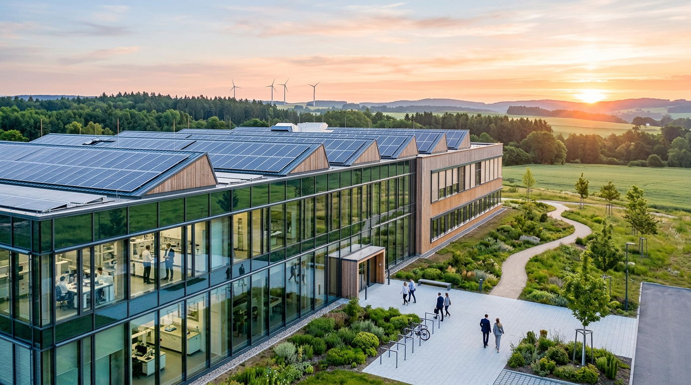 Modernes Industriegebäude in Ostdeutschland mit installierten Solaranlagen, symbolisiert zukunftsorientierte EU-Strukturförderung.