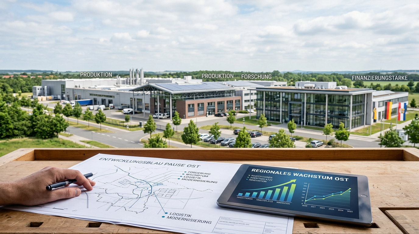 Modernes Industriegebäude in Ostdeutschland mit schematischen Diagrammen zur EU-Förderung überlagert