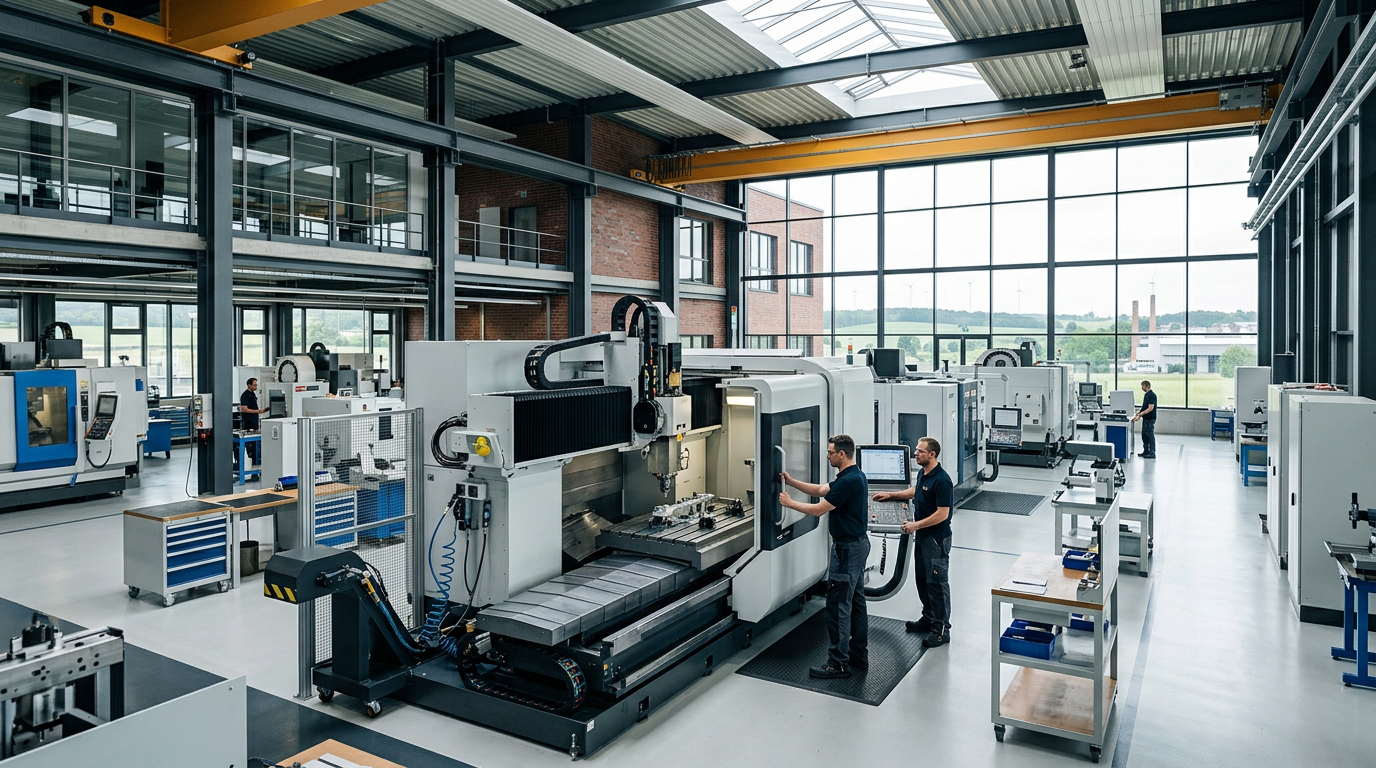 Moderne Fertigungsanlage in einem ostdeutschen Industriegebiet, gefördert durch europäische Strukturfondsmittel.