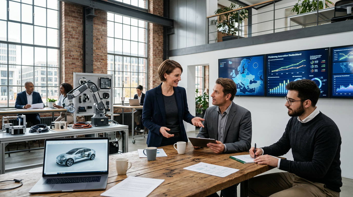 Moderner europäischer Industriestandort mit Symbolen für Innovation und digitale Transformation im Mittelstand