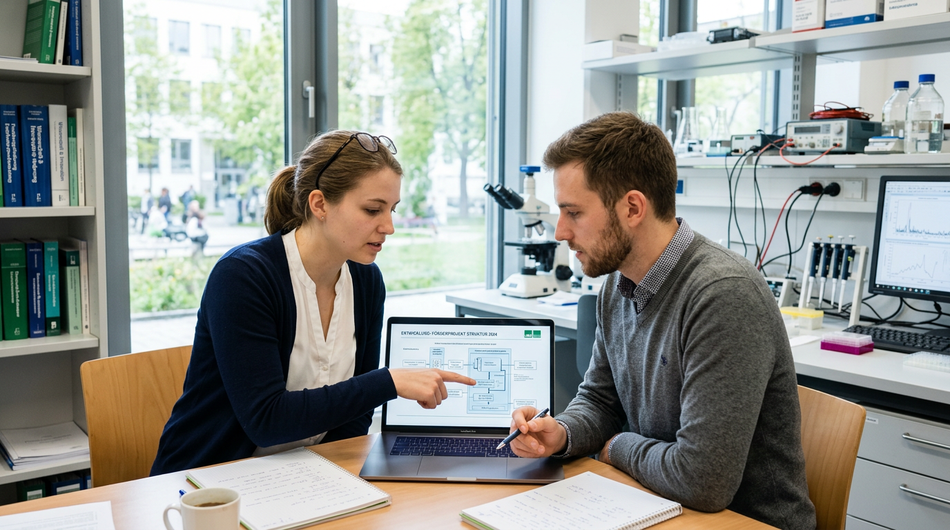 Zwei junge Gründer in einem hellen Universitäts-Labor diskutieren vor einem Laptop-Bildschirm über eine technologische Innovation.