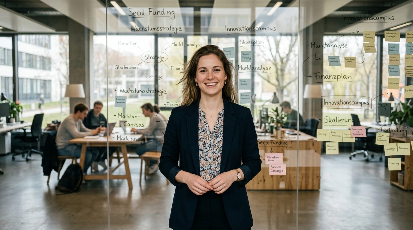 Eine ambitionierte junge Gründerin steht lächelnd vor einem Whiteboard in einem modernen Startup-Inkubator an einer Universität.