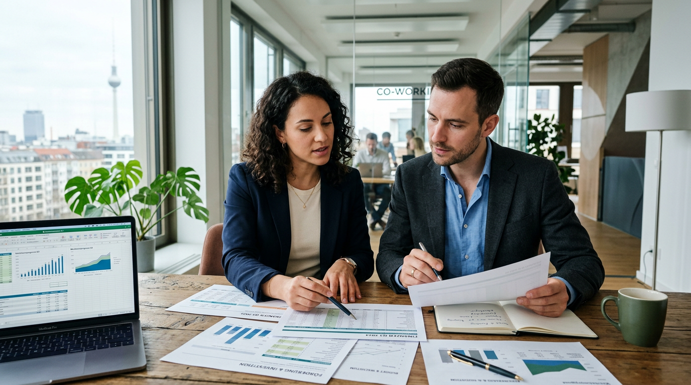 Zwei junge Gründer besprechen ihren Businessplan an einem großen Holztisch in einem modernen Co-Working-Space.