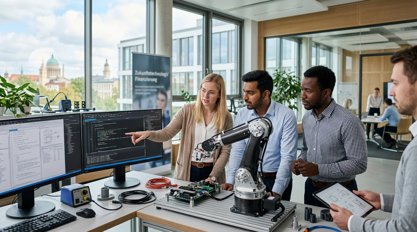 Moderne Büro- und Laborumgebung, in der junge Entwickler und Wissenschaftler neue Technologien analysieren.