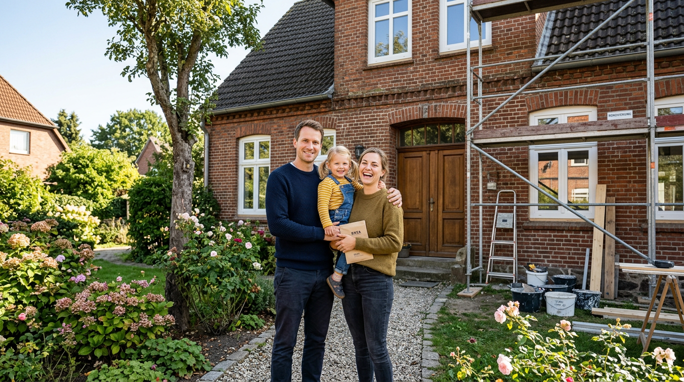 Eine glückliche Familie besichtigt ein älteres, sanierungsbedürftiges Einfamilienhaus im Grünen, das im Sonnenschein steht.