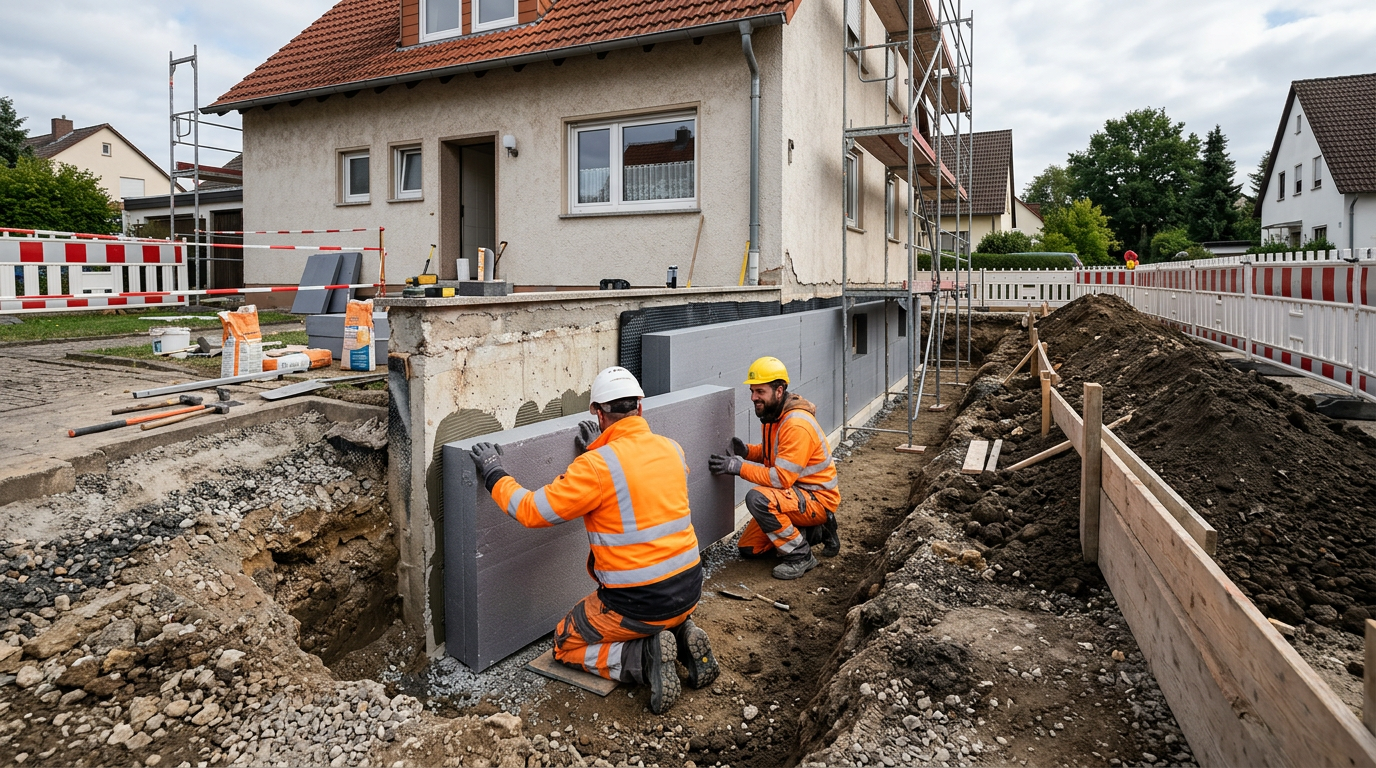 Arbeiter verlegen graue Perimeterdämmung an einer freigelegten Kellerwand eines Hauses zur energetischen Kellersanierung.