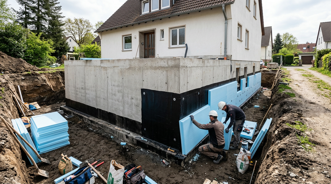 Bauarbeiten an einer freigelegten Kelleraußenwand mit hellblauen XPS-Dämmplatten für die Perimeterdämmung.