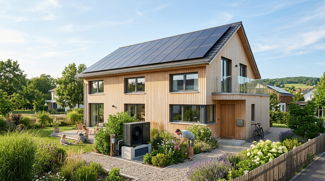 Ein modernes Einfamilienhaus mit integrierten Solarpaneelen und einer Wärmepumpe im Vorgarten bei Tageslicht.