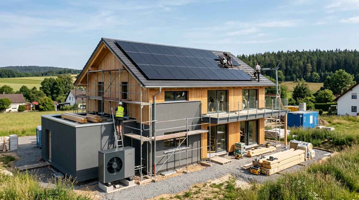 Moderne Baustelle eines Einfamilienhauses mit Solaranlage auf dem Dach und einer Wärmepumpe im Außenbereich vor strahlend blauem Himmel.