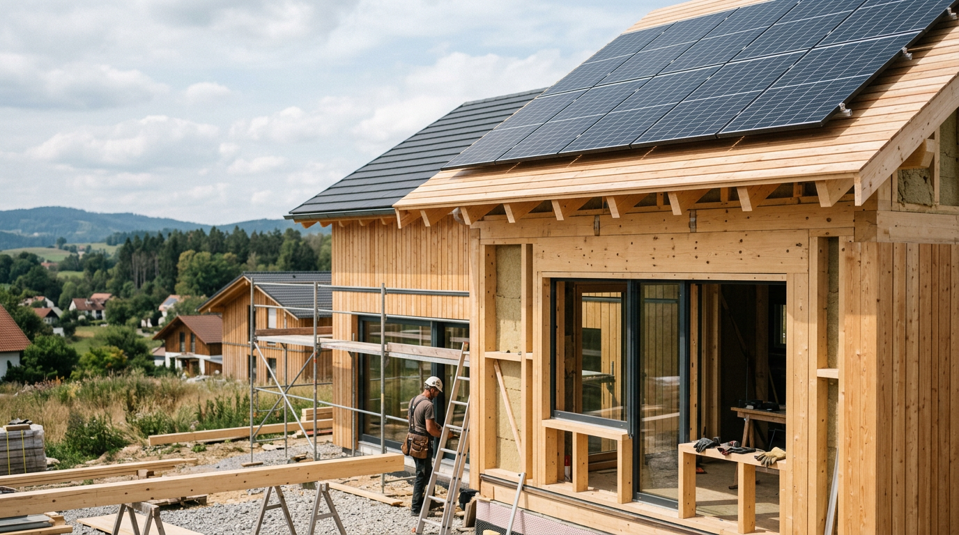 Moderne Baustelle eines Einfamilienhauses mit Fokus auf Photovoltaik-Ziegel und Holzrahmenkonstruktion, symbolisierend für klimafreundlichen Neubau.