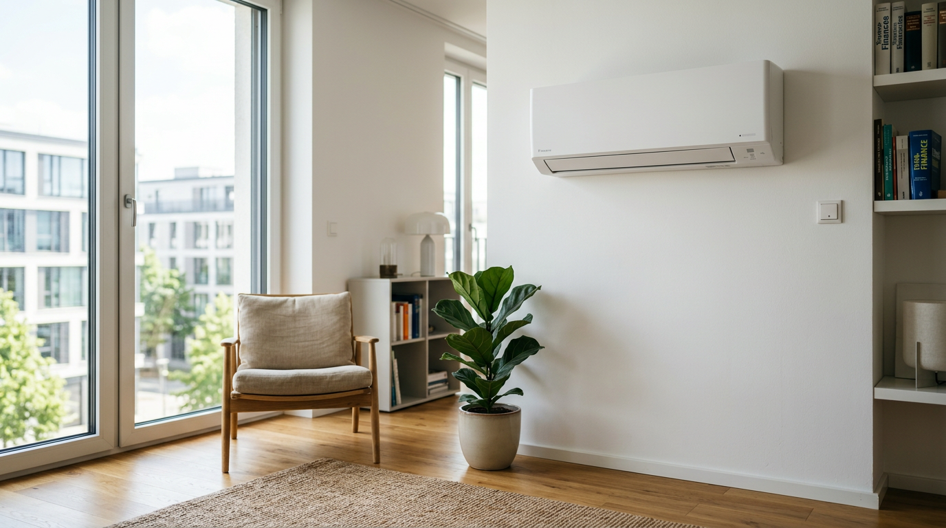Moderne Split-Klimaanlage an einer weißen Wand in einem hellen, energieeffizient sanierten Wohnzimmer