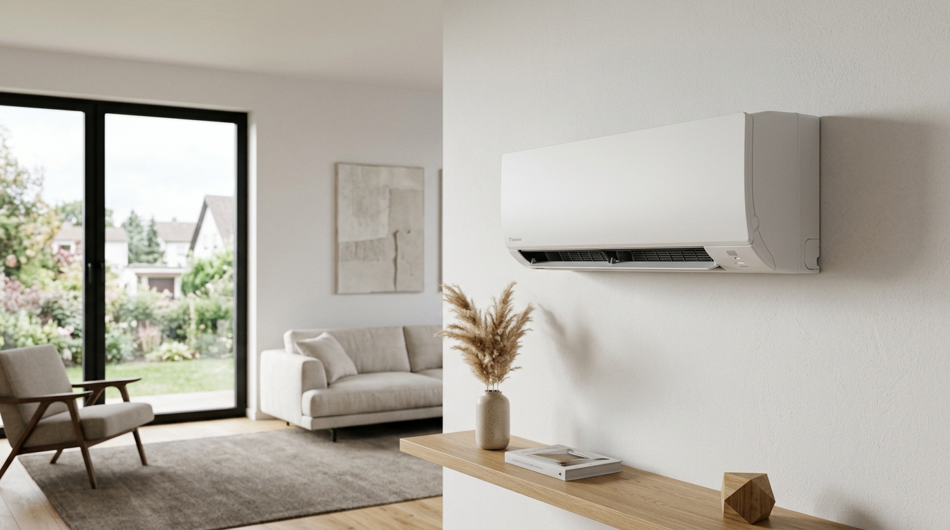 Eine moderne Split-Klimaanlage an einer weißen Wand, die warme Luft im Winter und kühle Luft im Sommer spendet.
