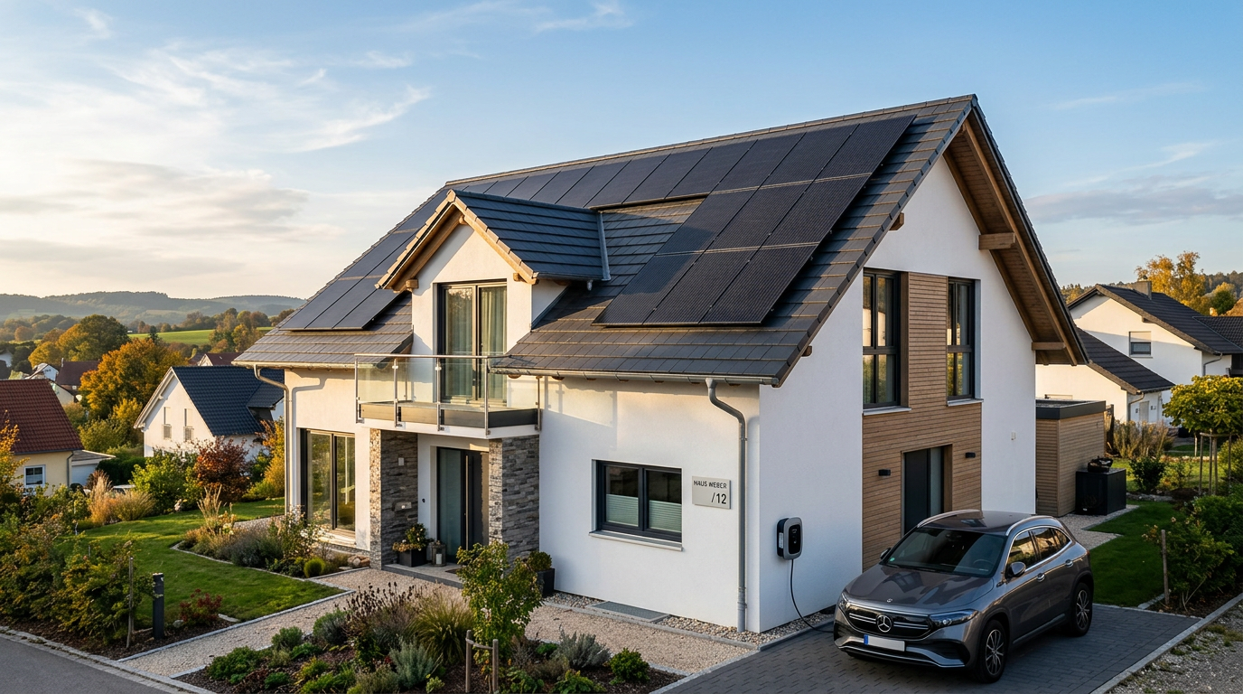 Eine moderne Photovoltaikanlage auf einem Einfamilienhaus im sanften Licht der Abendsonne.