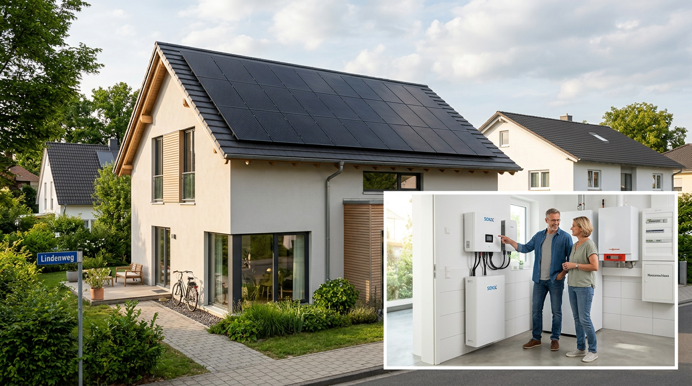 Photovoltaikanlage auf einem modernen Einfamilienhausdach mit blauem Himmel im Hintergrund