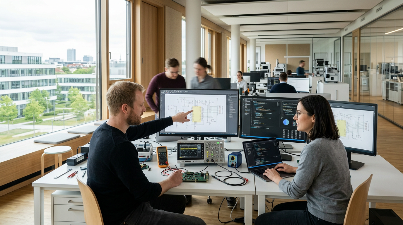 Ein modern ausgestattetes Labor und Entwicklungszentrum, das den Prozess von innovativer Forschung und Entwicklung in Deutschland symbolisiert.