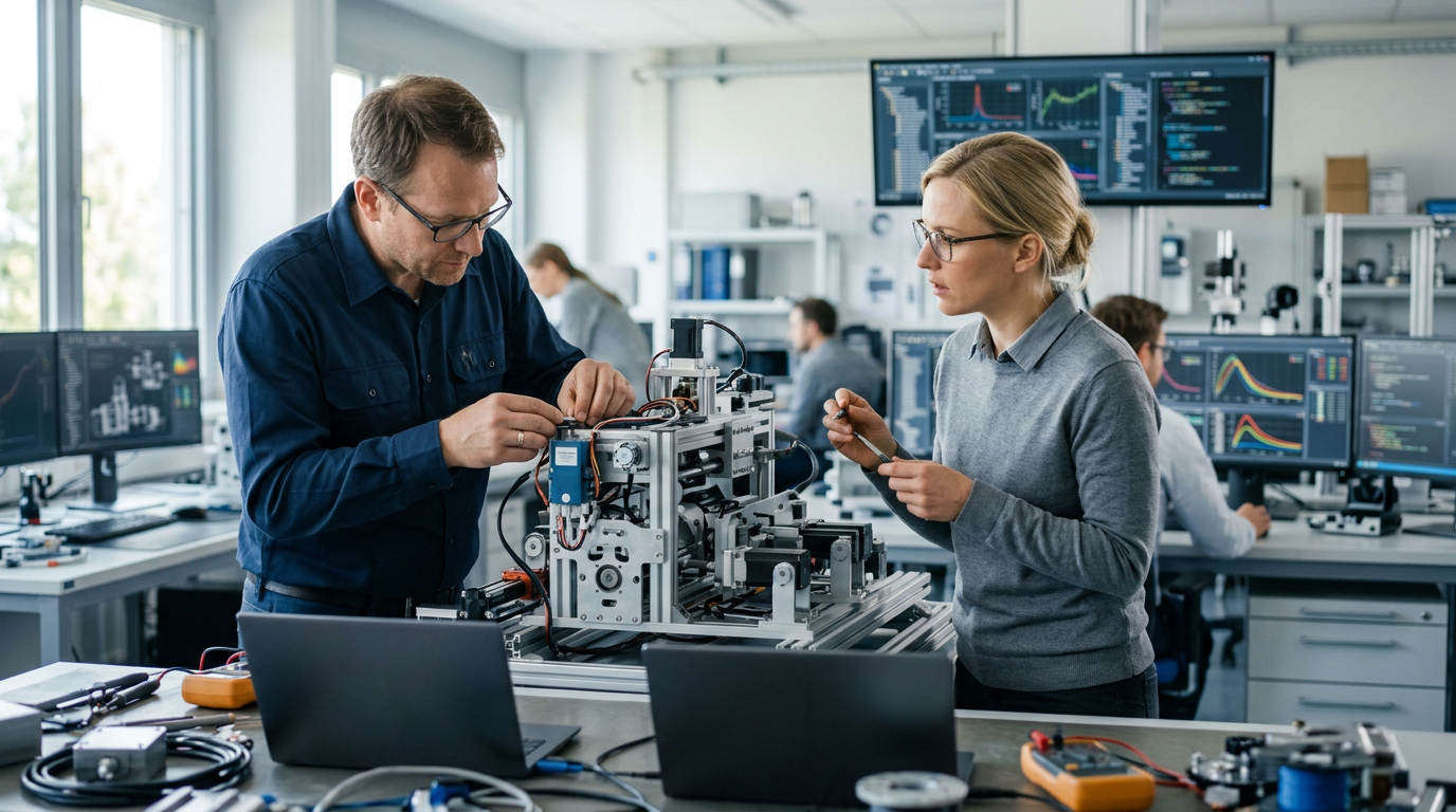 Zwei Ingenieure analysieren ein hochtechnologisches 3D-Modell in einer modernen Werkstatt, umgeben von technischem Equipment.