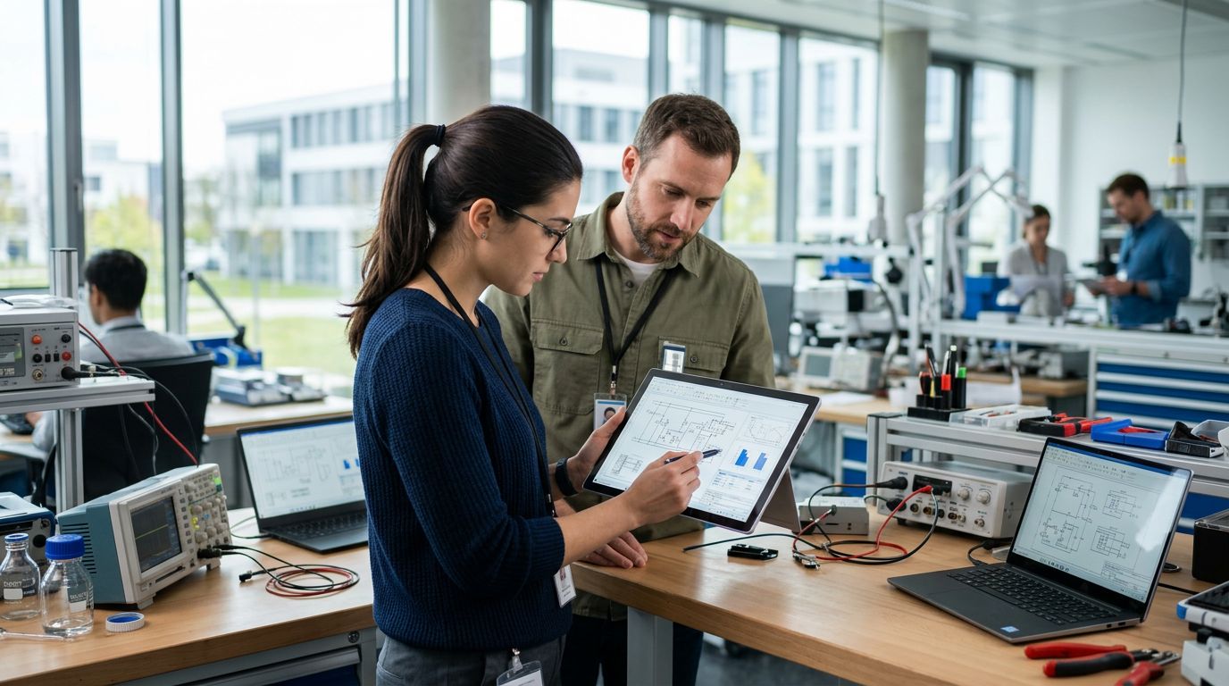 Zwei Ingenieure betrachten ein technisches 3D-Modell auf einem Tablet in einer modernen Forschungswerkstatt.